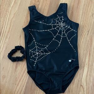 Destira Halloween Black Leotard with Rhinestone Spiderweb Design